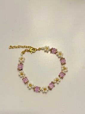 Homemade Gold-Accented Pink & White Beaded Flower Bracelet